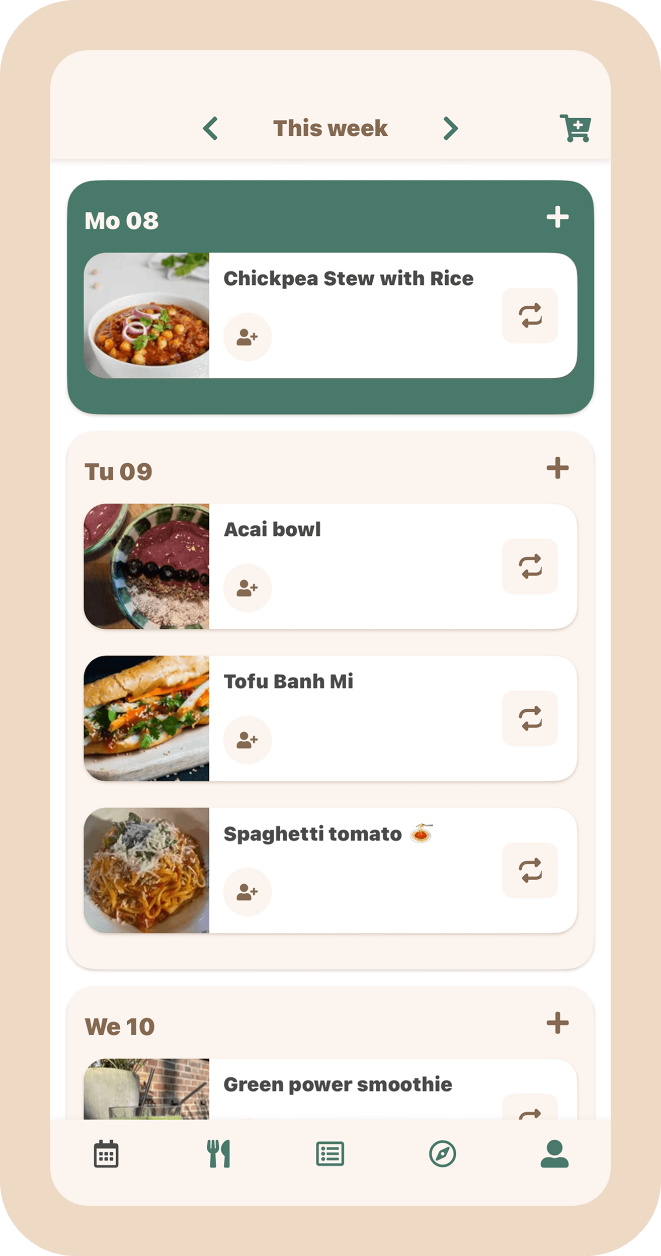 Screenshot of the meal planner screen